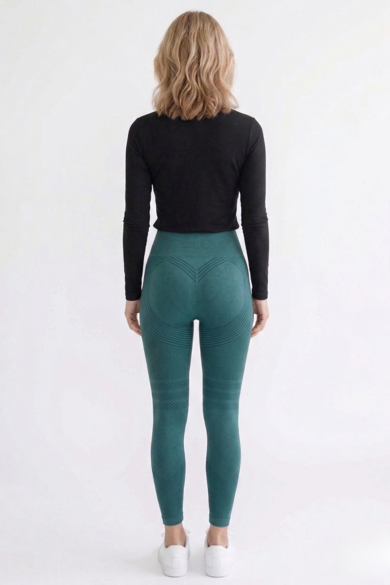 High-waist smoothing compression leggings turquoise back view by Kalt