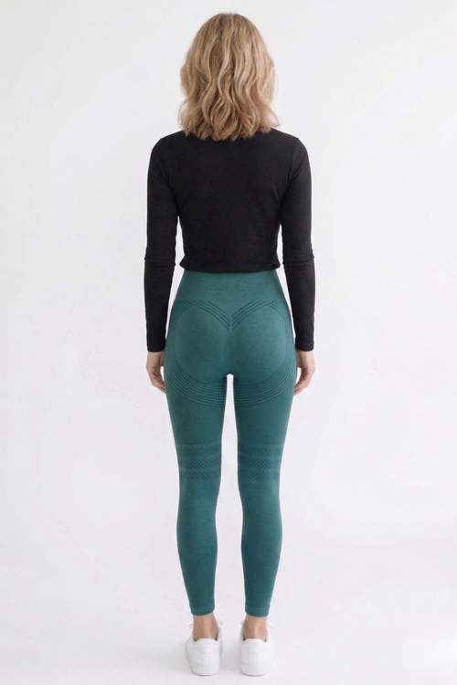 High-waist smoothing compression leggings turquoise back view by Kalt