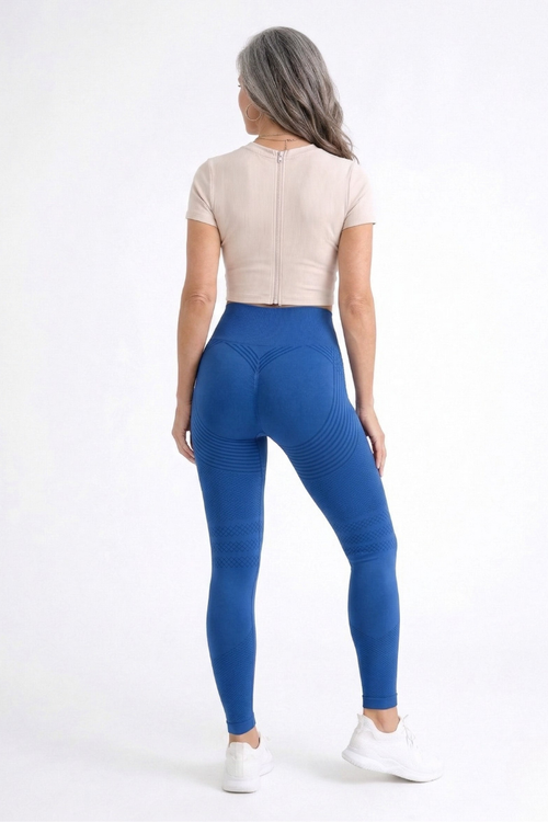 High-waist smoothing compression leggings blue back view by Kalt