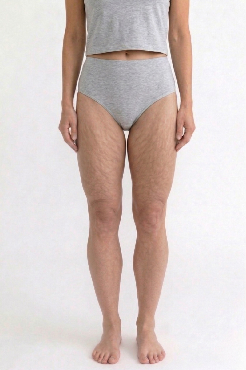 Woman with visible cellulite on thighs — before wearing anti-cellulite leggings by Kalt