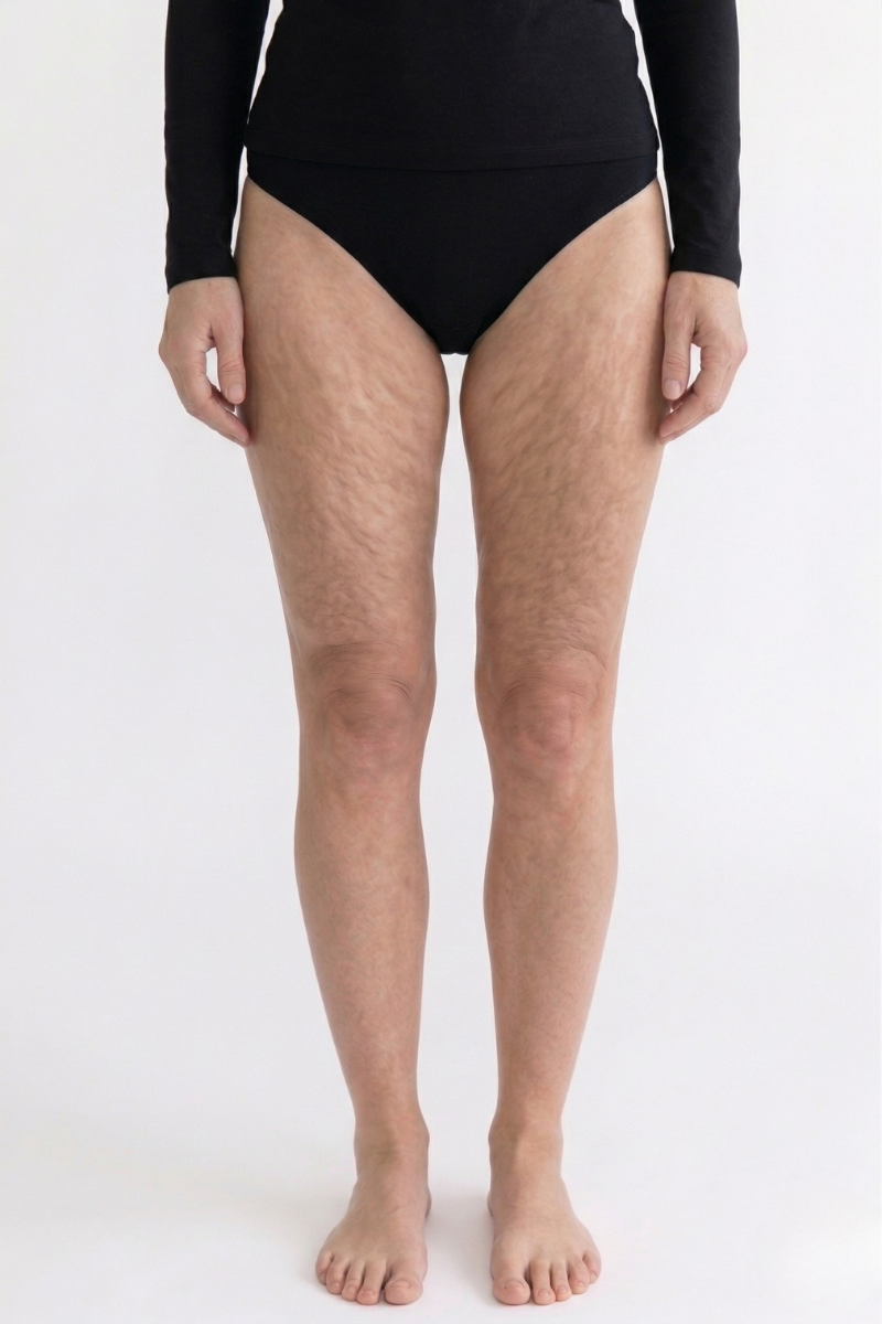 Woman with visible cellulite on thighs — before wearing anti-cellulite leggings by Kalt